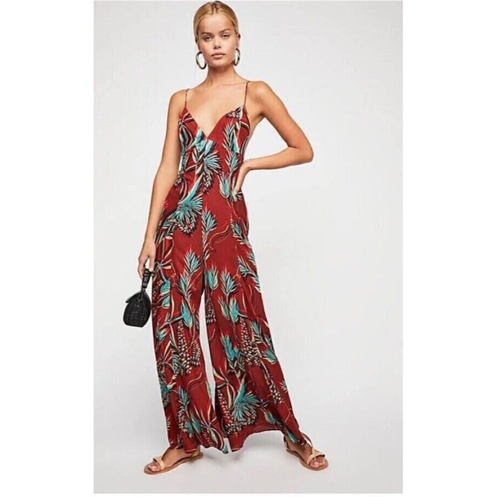 FREE PEOPLE Alissa tropical printed jumpsuit Racerback Wide Leg Size 0